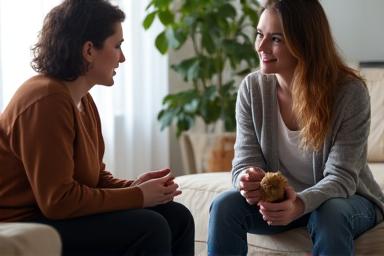 A trainer having a one-on-one discussion with a dog owner at home.