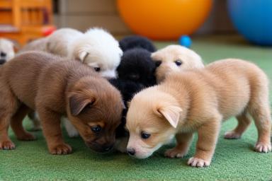 A group of puppies playing together in a supervised environment.